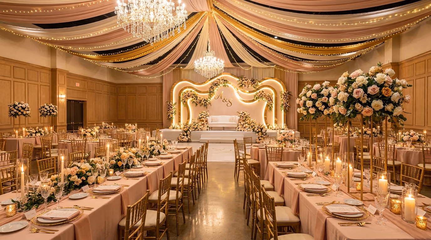 A fully styled wedding reception rendered by Zaffa's AI designer