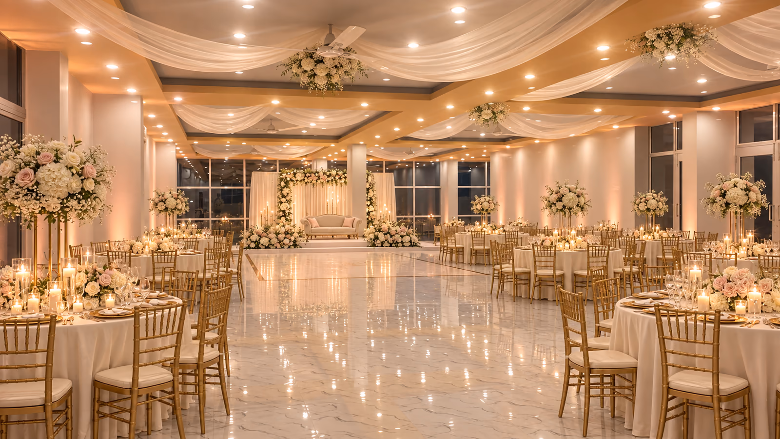 The same hall dressed for a wedding with round tables, white florals and a draped ceiling
